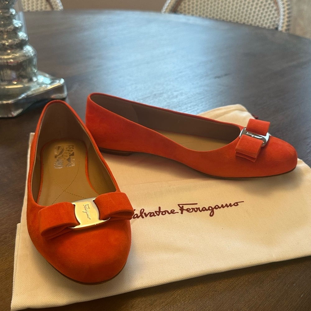 Salvatore Ferragamo Orange Suede Flats